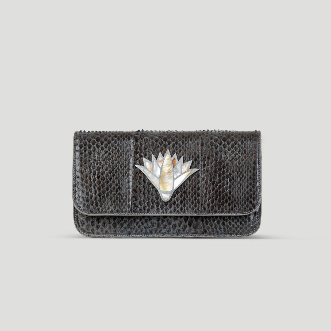 Snake skin lotus clutch crossbody bag