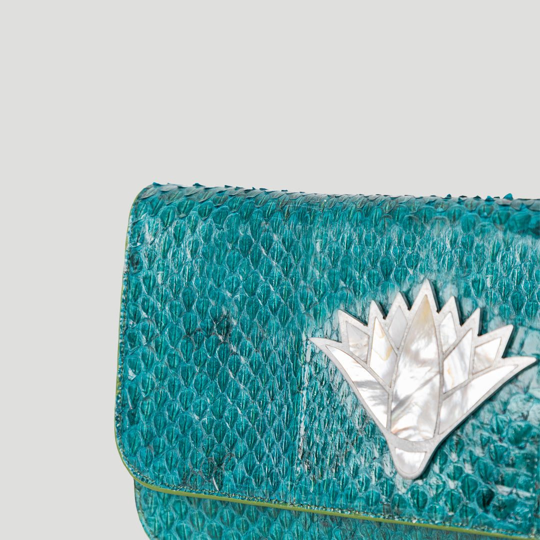 Snake skin lotus mother of pearl clutch crossbody bag