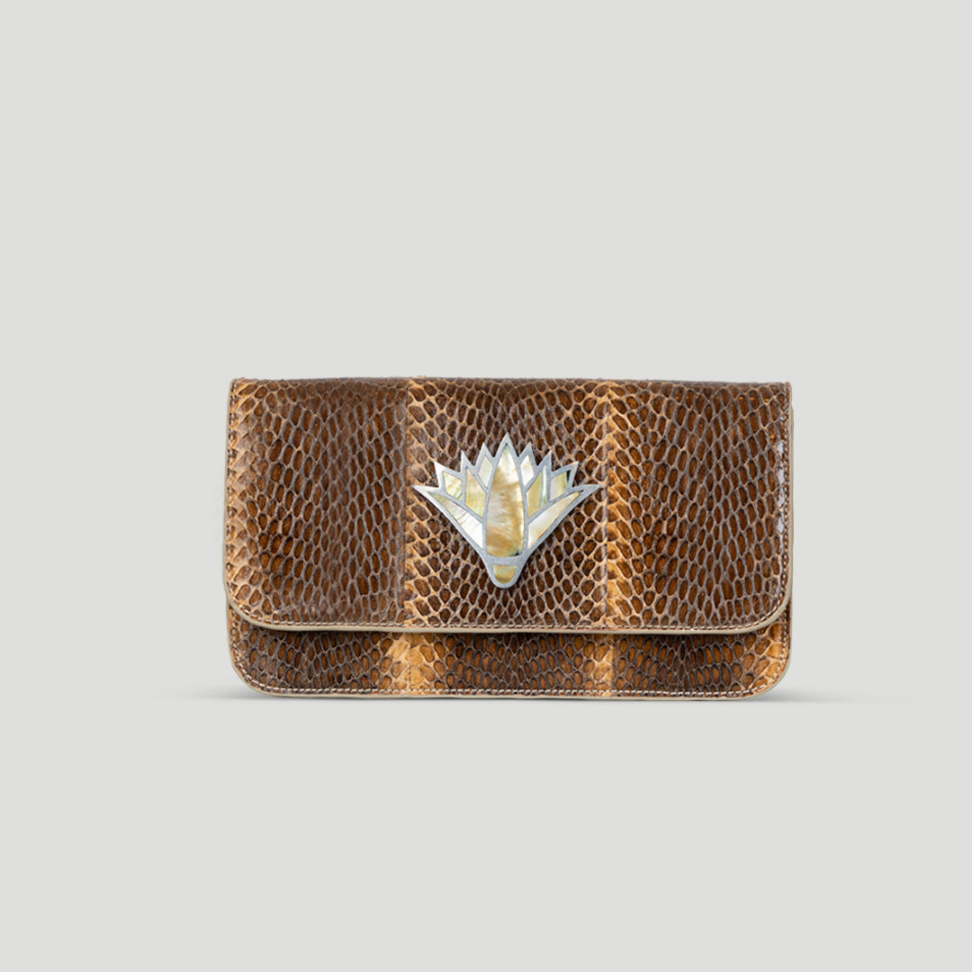 Snake skin lotus mother of pearl clutch crossbody bag