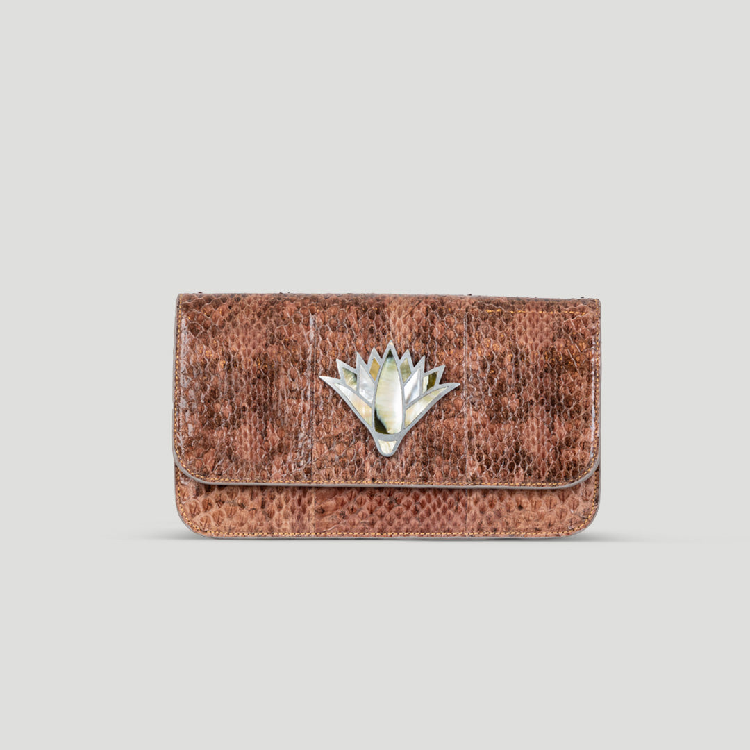 Snake skin lotus clutch crossbody bag