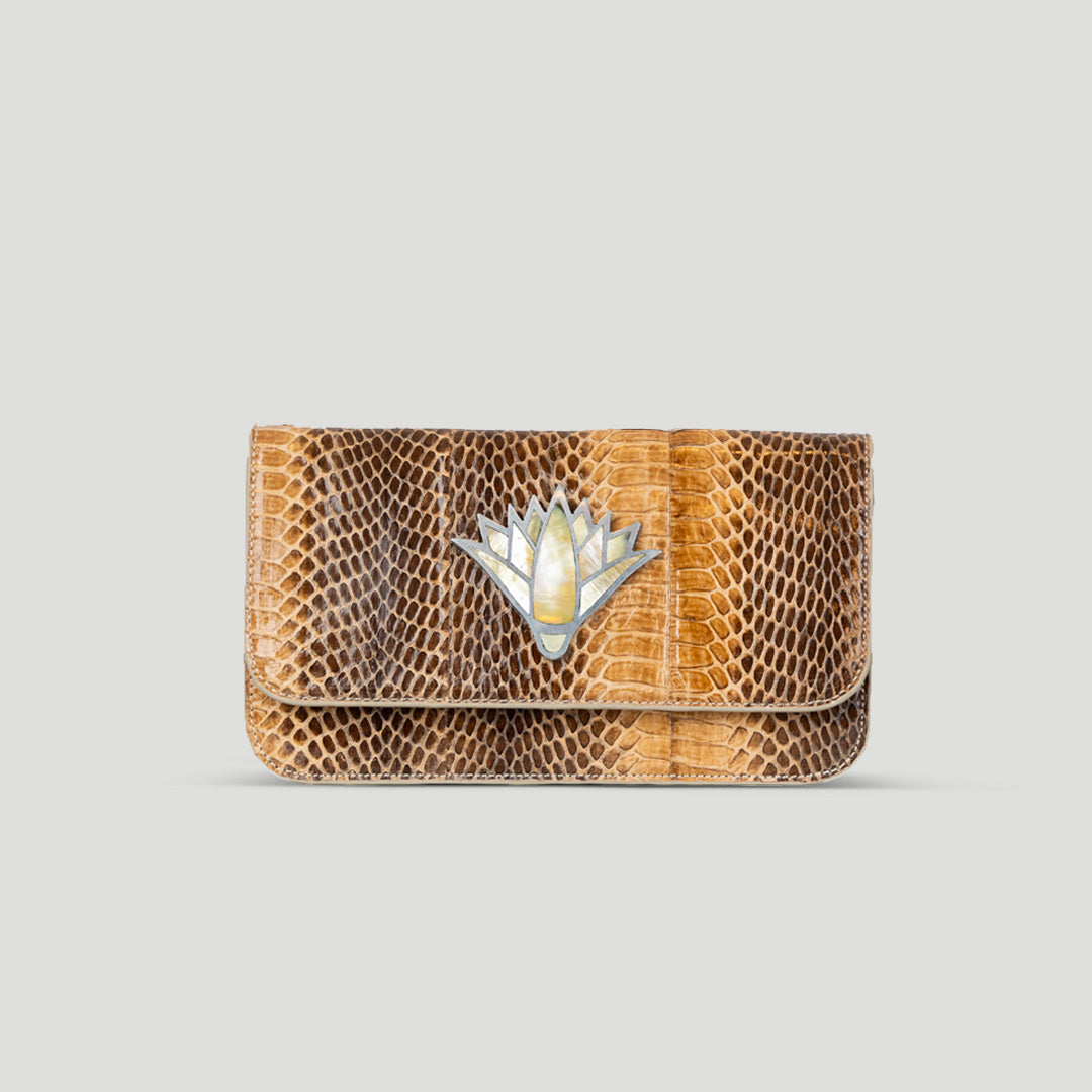 Snake skin lotus mother of pearl clutch crossbody bag
