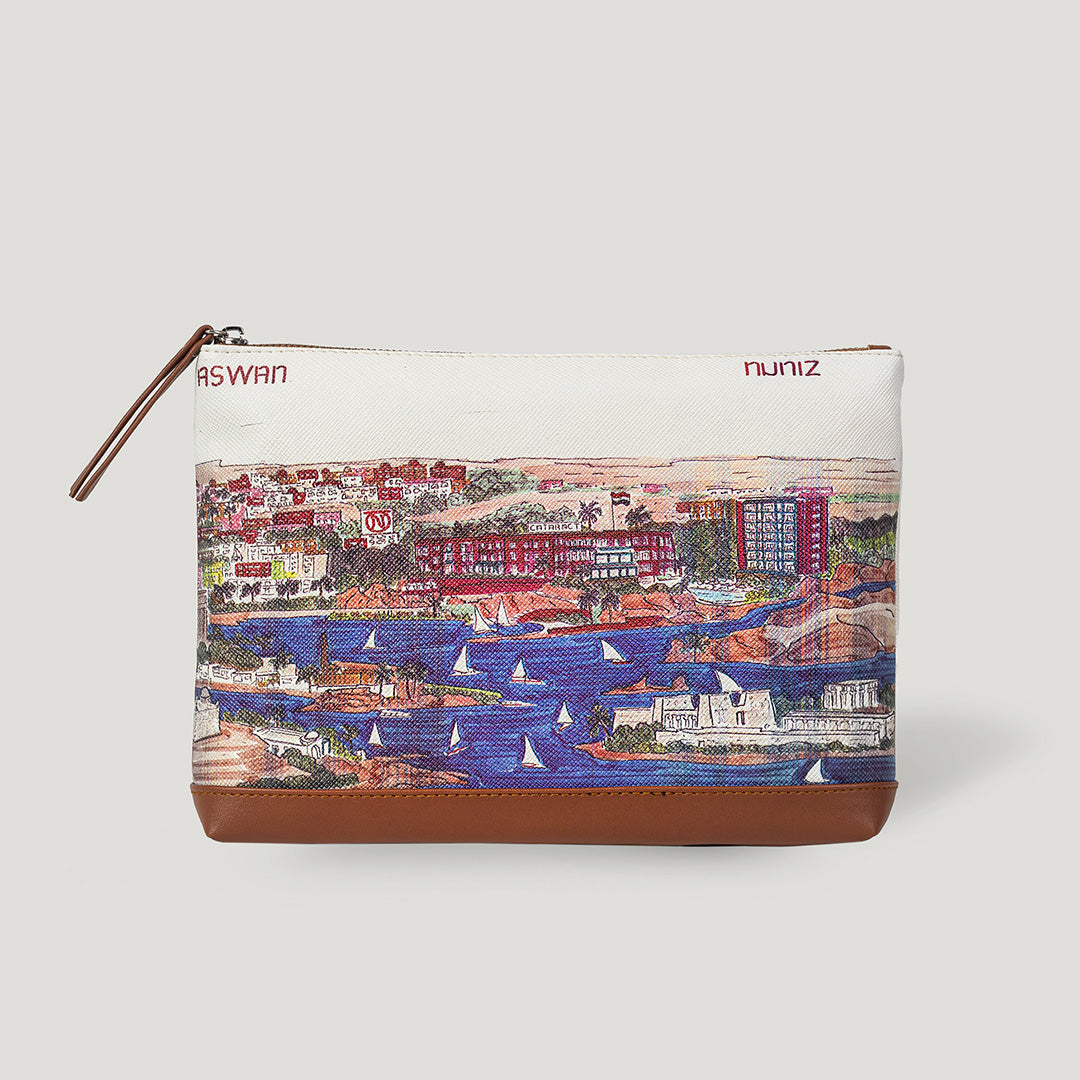 leather pouch bag with Aswan city view