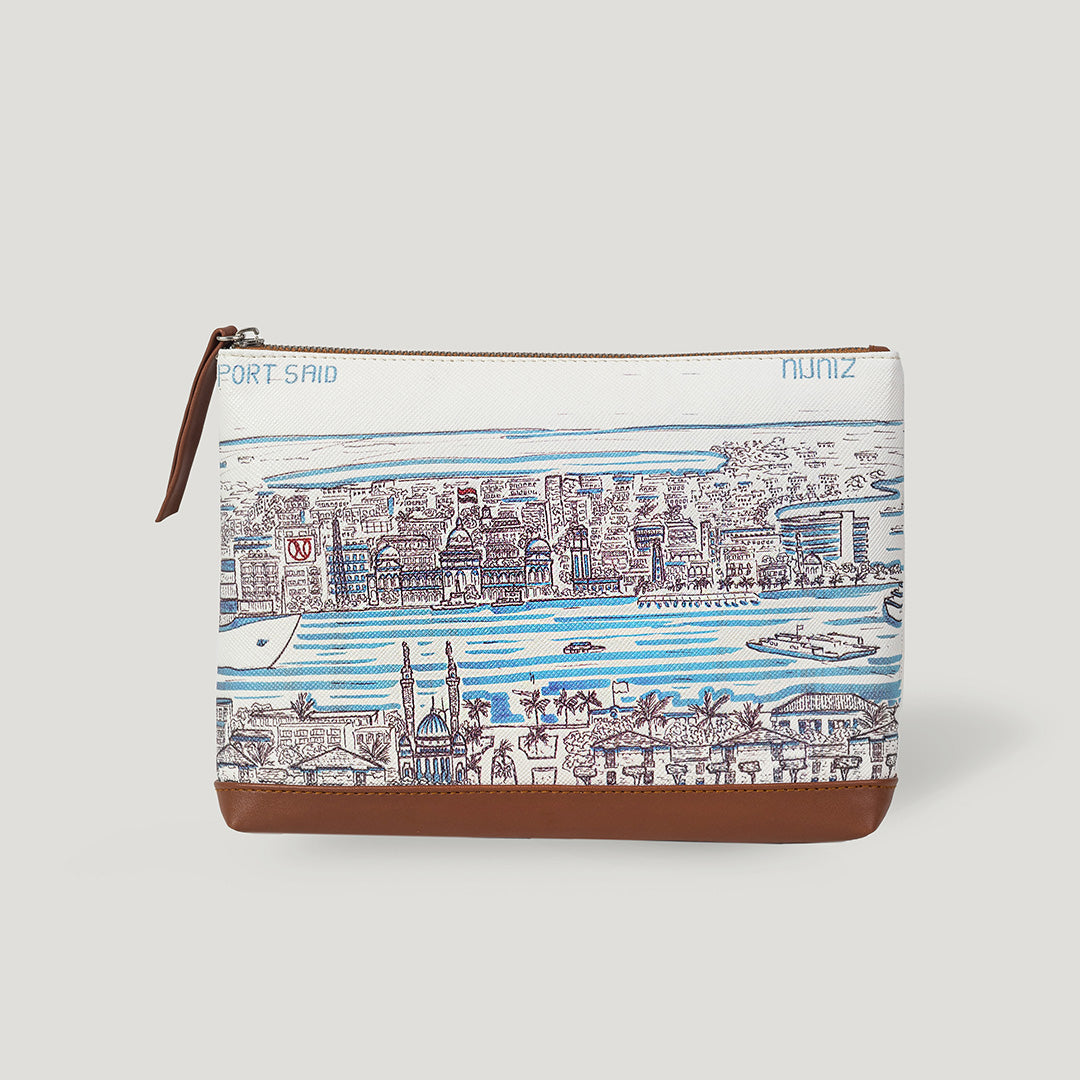 vegan leather pouch bag with Port Said view sketch